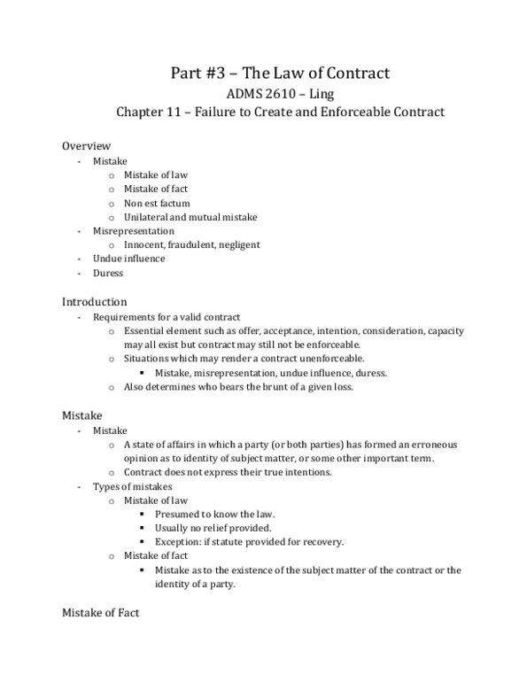ADMS 2610 Lecture : The Law of Contract - Chapter 11 - Failure to Create and Enforceable Contract thumbnail