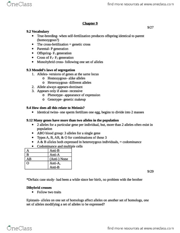 BIOL 101 : Biol 101 Chapter 9 LN (scored 92%) - OneClass