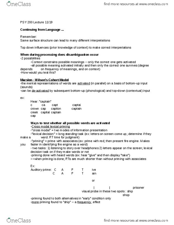 PSY 200 Lecture Notes - Lecture 2: Cohort Model, Lexical Decision Task, Crown Cork thumbnail