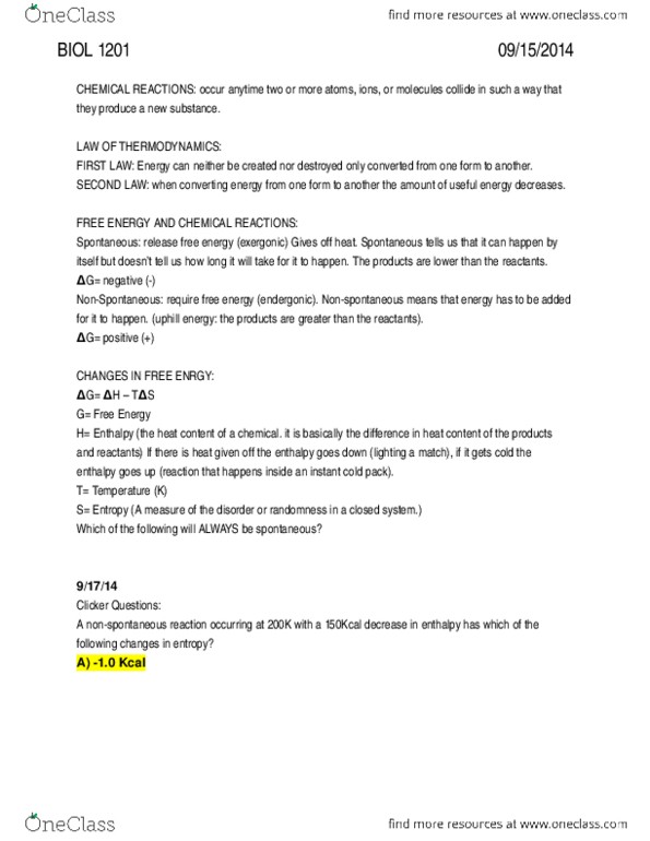 BIOL 1201 Lecture Notes - Lecture 17: Endergonic Reaction thumbnail