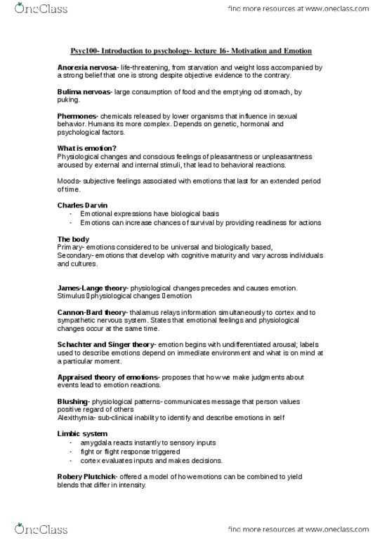 PSYC 100 Lecture Notes - Lecture 16: Anorexia Nervosa, Sympathetic Nervous System, Alexithymia thumbnail