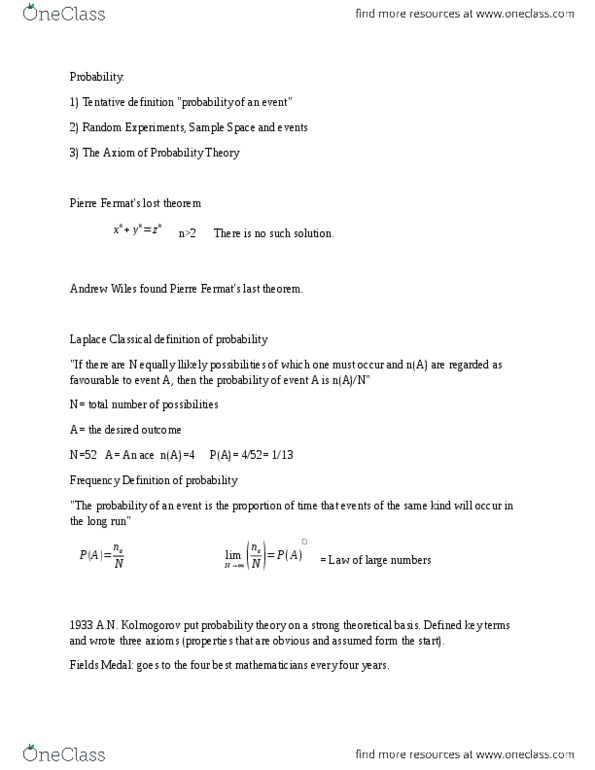 MATH 1610 Lecture Notes - Lecture 4: List Of Ace Double Titles, Empty Set, Almost Surely thumbnail