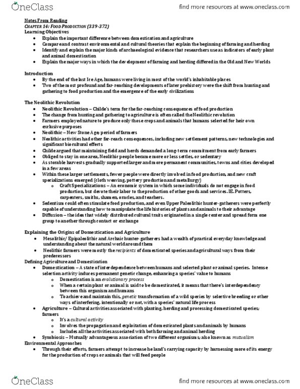 ANT101H5 Chapter Notes - Chapter 14: Neolithic, Epipaleolithic, Record Plant thumbnail