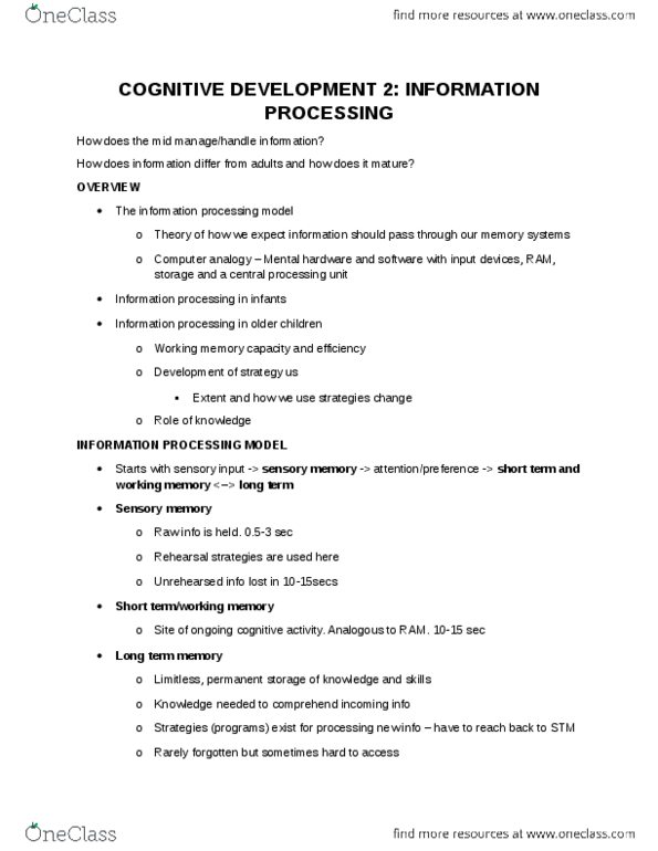 PSYCH 2AA3 Lecture Notes - Lecture 6: Information Processing, Sensory Memory, Synaptic Pruning thumbnail