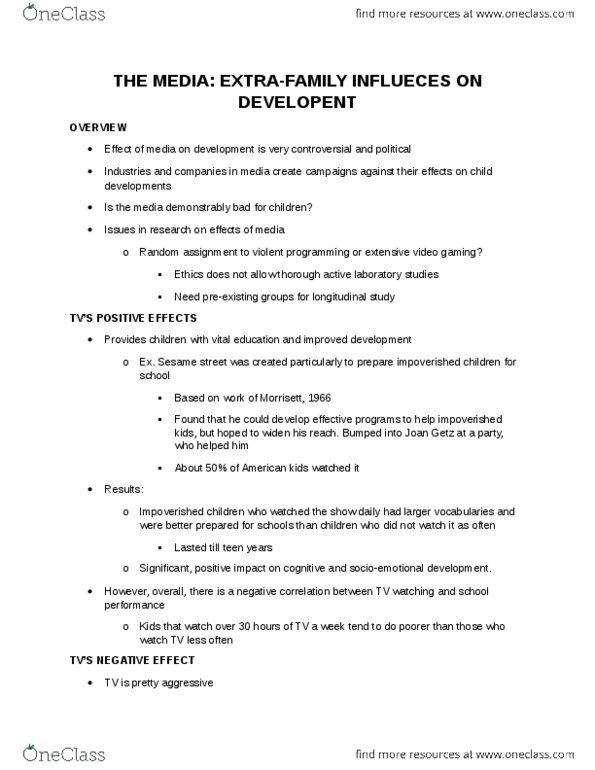 PSYCH 2AA3 Lecture Notes - Lecture 11: Developmental Psychology, Longitudinal Study, Media Create thumbnail