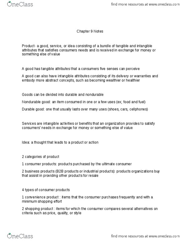 MKTG 341 Chapter Notes - Chapter 9: Durable Good, Intangibility, National Institutes Of Health thumbnail