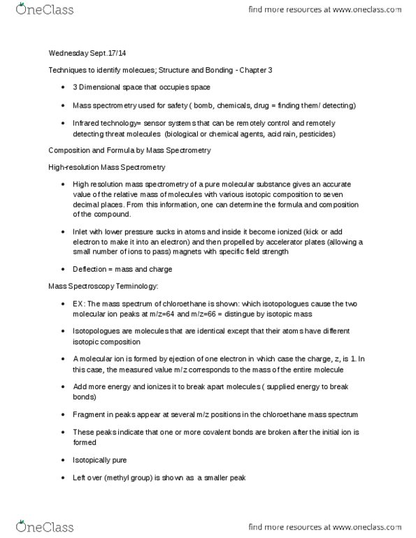 CHMA10H3 Lecture Notes - Lecture 7: Mass Spectrometry, Mass Spectrum, Spectroscopy thumbnail