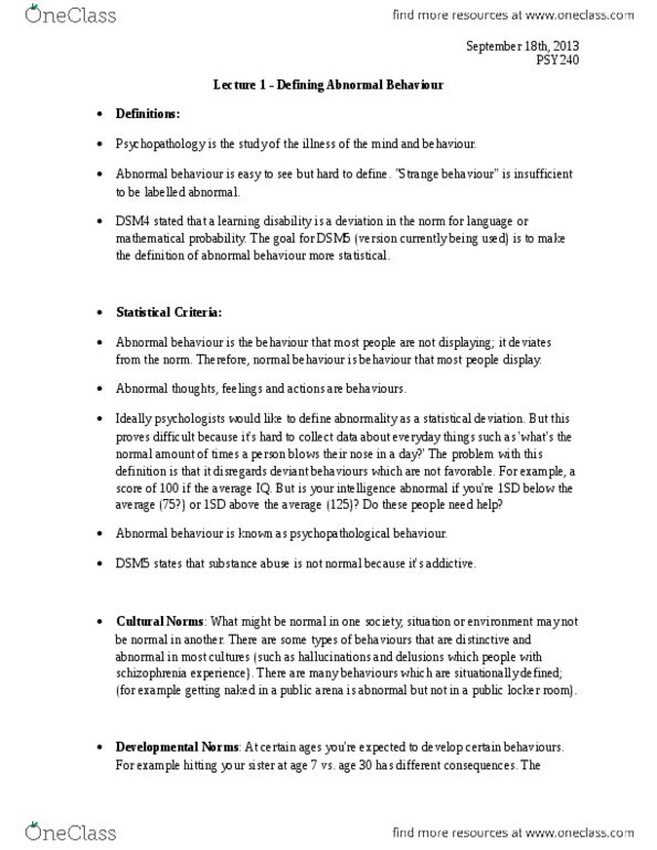 PSY240H5 Lecture Notes - Lecture 1: Strange Behaviour, Dsm-5, Frontal Lobe thumbnail