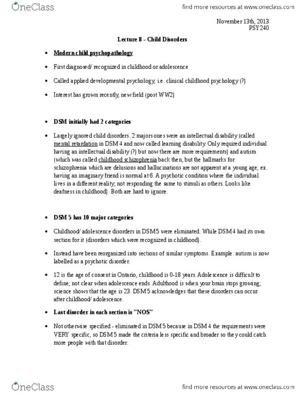 PSY240H5 Lecture Notes - Lecture 8: Psychosis, Intellectual Disability, Developmental Psychology thumbnail