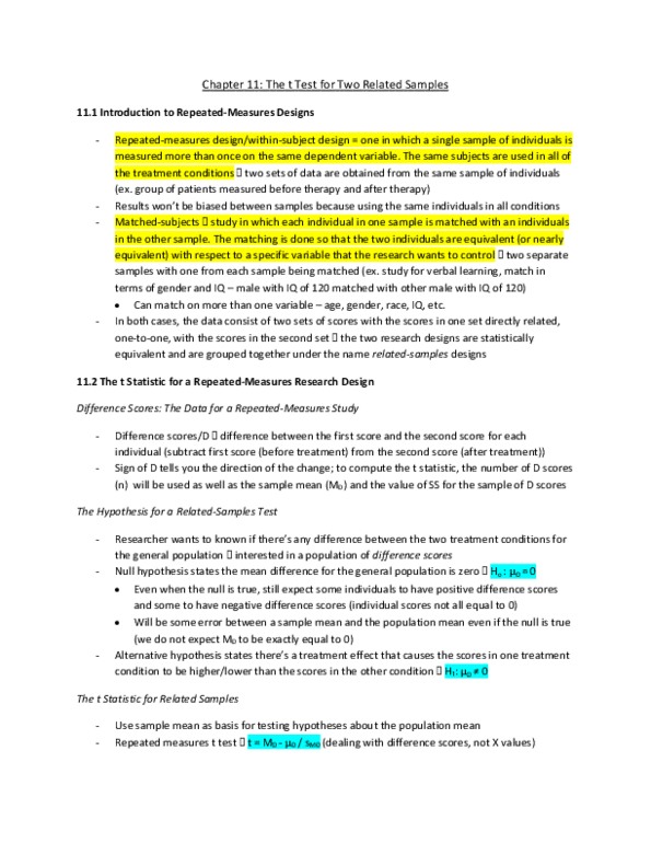 PSY201H1 Chapter Notes - Chapter 11: Null Hypothesis, Statistic, Dependent And Independent Variables thumbnail