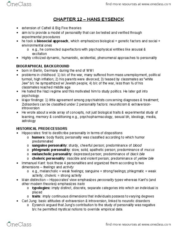 PSY230H1 Chapter Notes - Chapter 12.16: Hans Eysenck, Reticular Formation, Psychoticism thumbnail