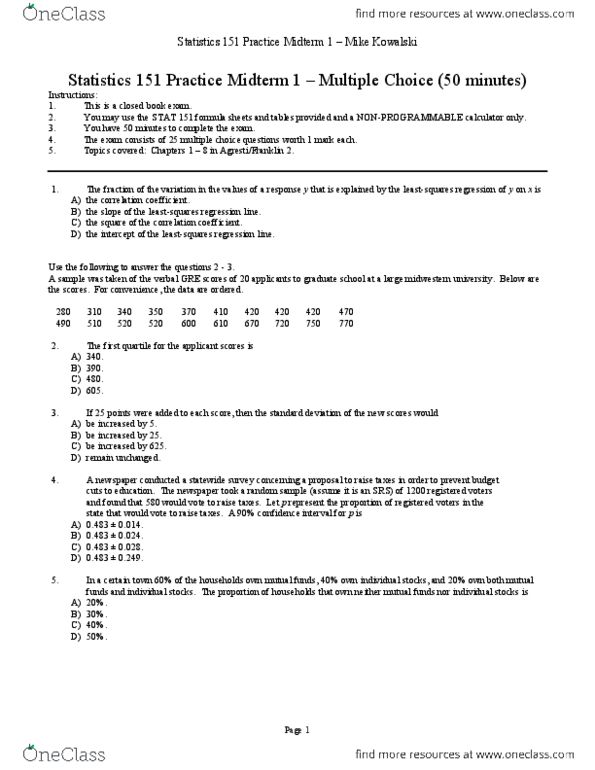 STAT151 Study Guide - Winter 2013, Midterm - Confidence Interval ...