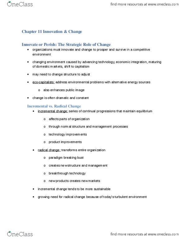 BUS 374 Chapter Notes - Chapter 11: Radical Change, Organization Development, Learning Organization thumbnail