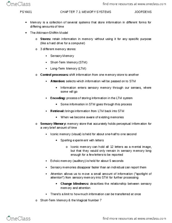 PSYA01H3 Chapter Notes - Chapter 7.1: Echoic Memory, Sensory Memory, Baddeley'S Model Of Working Memory thumbnail