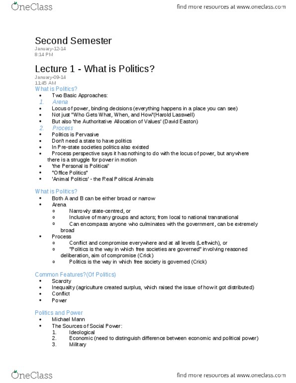 Political Science 1020E Lecture 1: PoliSci 1020E Second Semester Exam Lecture Notes.doc thumbnail