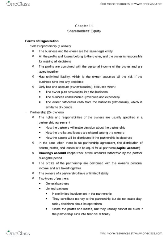 BUS 251 Chapter Notes - Chapter 11: Limited Liability, Capital Account, Share Capital thumbnail