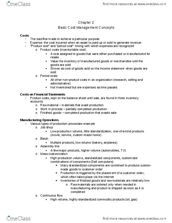 BUS 254 Chapter Notes - Chapter 2: Income Statement, Cost Driver, Sunk Costs thumbnail