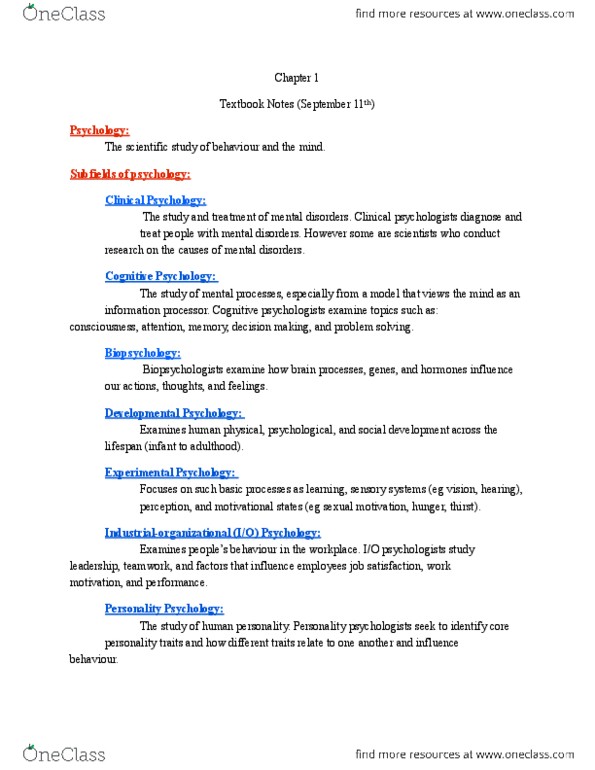 Psychology 1000 Chapter Notes - Chapter 1: Job Satisfaction, Behaviorism, Pessimism thumbnail