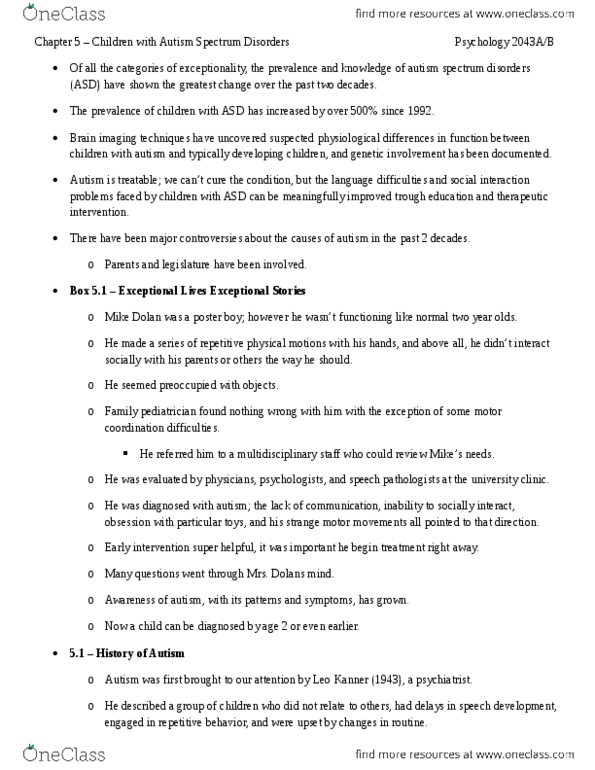 Psychology 2043A/B Chapter Notes - Chapter 5: Autism Spectrum, Asperger Syndrome, Childhood Disintegrative Disorder thumbnail