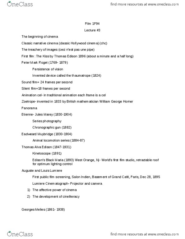 FILM 1F94 Lecture Notes - Lecture 3: Traditional Animation, Auguste And Louis Lumière, Kinetoscope thumbnail