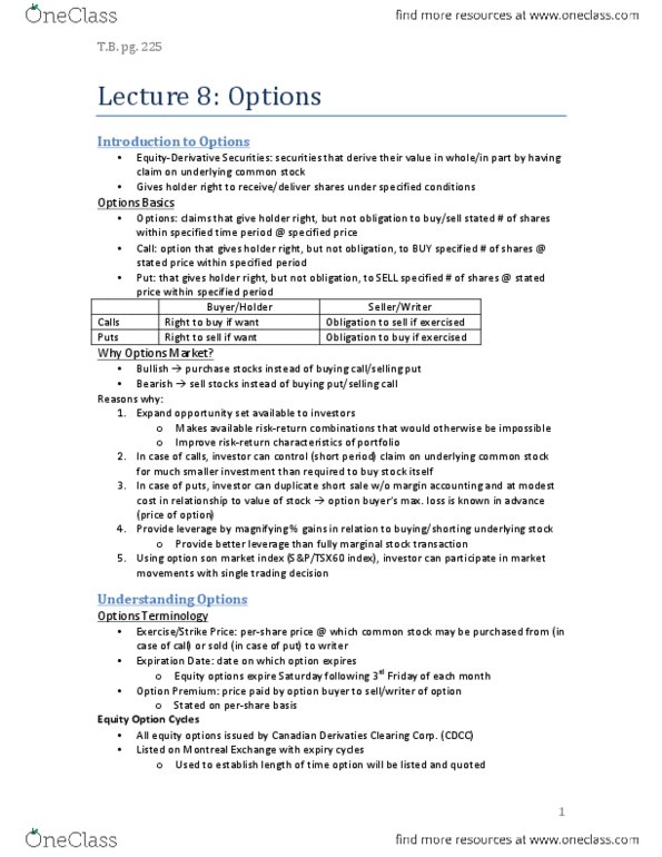 Management and Organizational Studies 1023A/B Lecture Notes - Lecture 8: Montreal Exchange, Options Clearing Corporation thumbnail