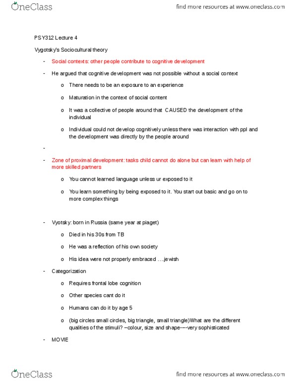 PSY312H5 Lecture Notes - Lecture 4: Frontal Lobe, Cognitive Development, Cultural-Historical Psychology thumbnail