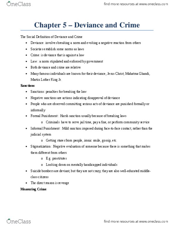 SOC100H5 Chapter 5: Chapter 5- Deviance and Crime (detailed notes) thumbnail