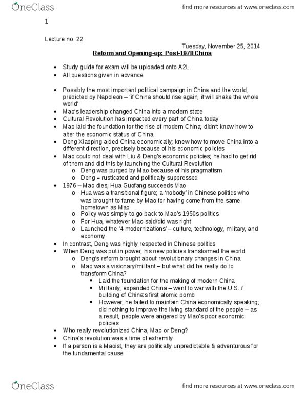 HISTORY 2MC3 Lecture Notes - Lecture 22: Deng Xiaoping, Lin Biao, Liu Shaoqi thumbnail