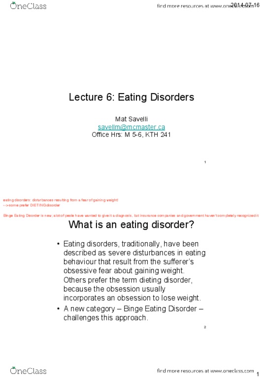 HLTHAGE 2G03 Lecture Notes - Lecture 6: Binge Eating Disorder, Binge Eating, Borderline Personality Disorder thumbnail