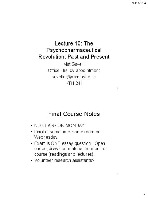 HLTHAGE 2G03 Lecture Notes - Lecture 10: Psychoactive Drug, Miracle Drug, Pharmaceutical Drug thumbnail