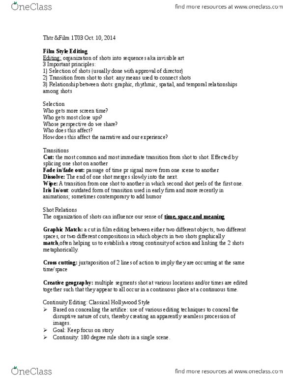 THTRFLM 1T03 Lecture Notes - Lecture 1: 180-Degree Rule, Shot Reverse Shot, Creative Geography thumbnail