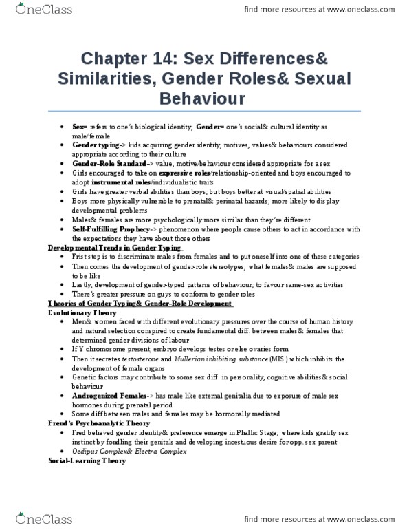PSYC 2110 Chapter Notes - Chapter 14: Gender Role, Cross-Dressing, Y Chromosome thumbnail