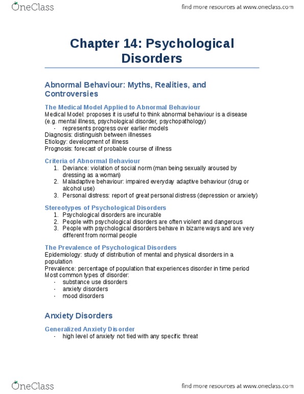 PS101 Chapter Notes - Chapter 14: Posttraumatic Stress Disorder, Dissociative Identity Disorder, Obsessive–Compulsive Disorder thumbnail