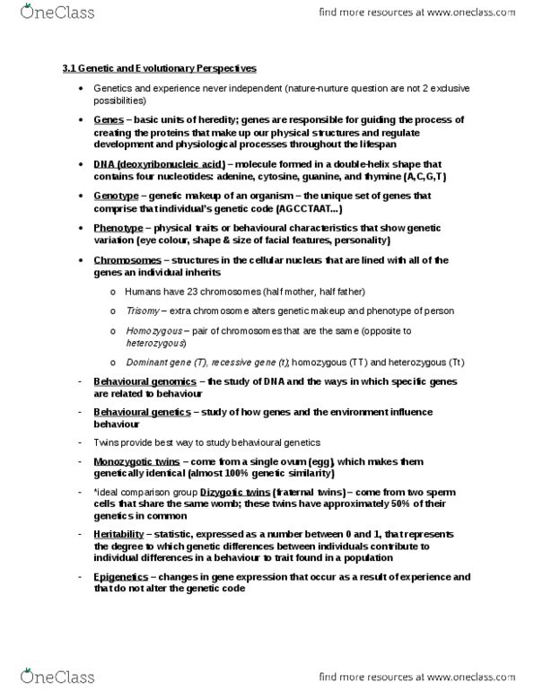 PSYA01H3 Chapter Notes - Chapter 3.1: Trisomy, Behavioural Genetics, Guanine thumbnail