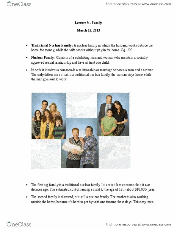 SOC100H5 Lecture Notes - Lecture 9: Civil Marriage, Nuclear Family thumbnail