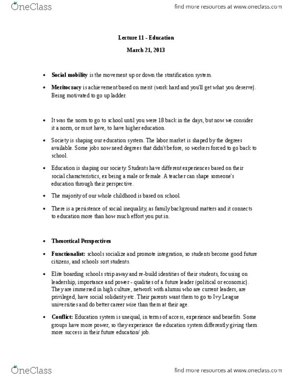 SOC100H5 Lecture Notes - Lecture 11: Social Mobility, Meritocracy, Social Inequality thumbnail