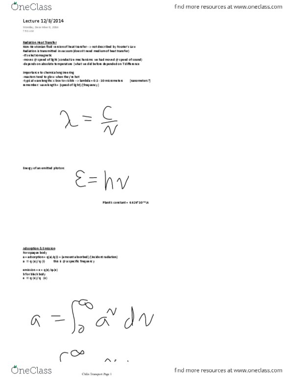 CHEN 3005 Lecture Notes - Lecture 16: Pega, Black Body, Photon thumbnail