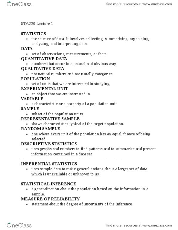 STA220H5 Lecture Notes - Lecture 1: Design Of Experiments, Descriptive Statistics thumbnail