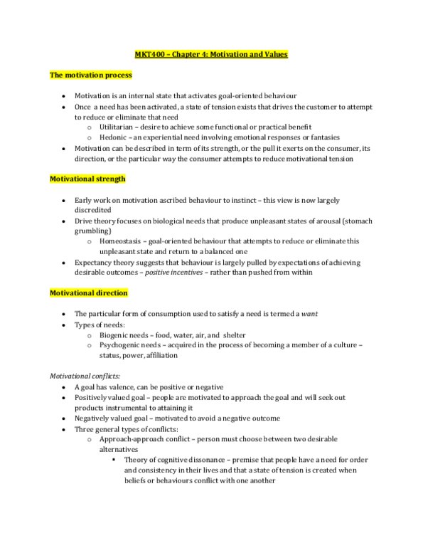 MKT 400 Chapter 4: Chapter 4 - Motivation and Values thumbnail