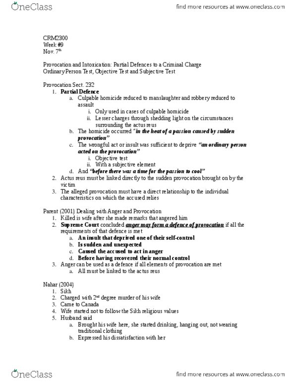 CRM 2300 Lecture Notes - Lecture 9: Reasonable Doubt, Mental Disorder, Mens Rea thumbnail