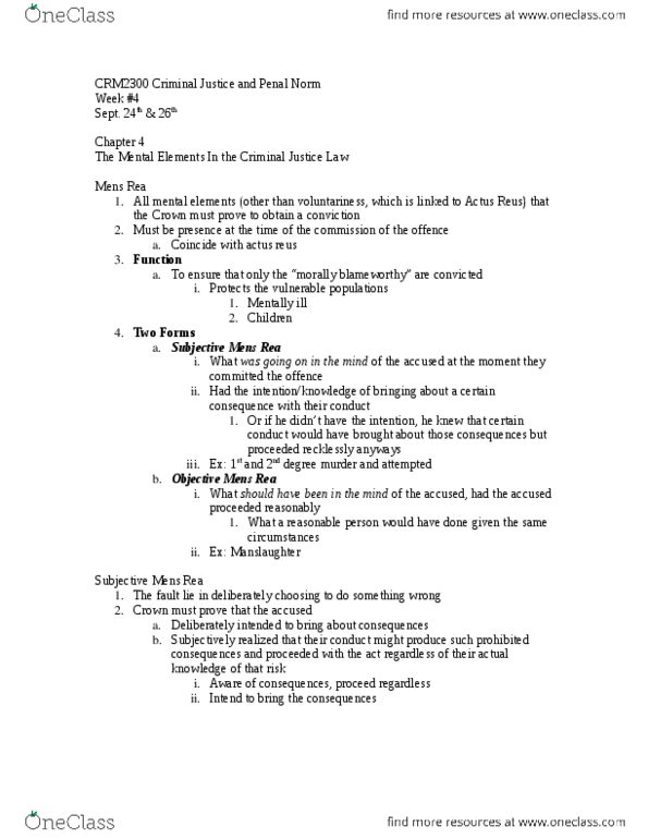 CRM 2300 Lecture Notes - Lecture 4: Mens Rea, Murder 2, Transferred Intent thumbnail