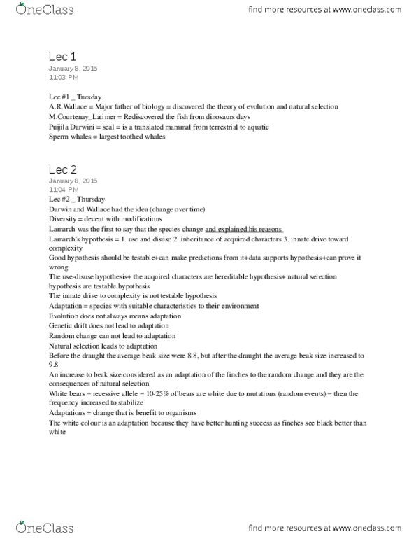 BIO153H5 Lecture Notes - Lecture 1: Puijila, Natural Selection, Genetic Drift thumbnail