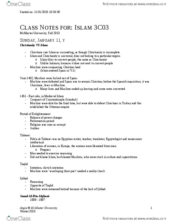 RELIGST 3C03 Lecture Notes - Lecture 2: Spanish Inquisition, Ulama, Taqlid thumbnail