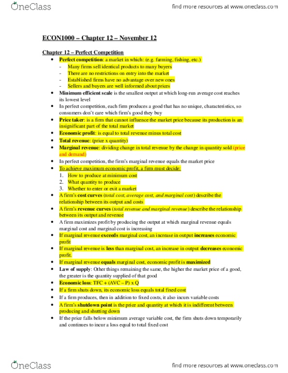 ECON 1000 Chapter Notes - Chapter 12: Perfect Competition, Social Cost, Fixed Cost thumbnail