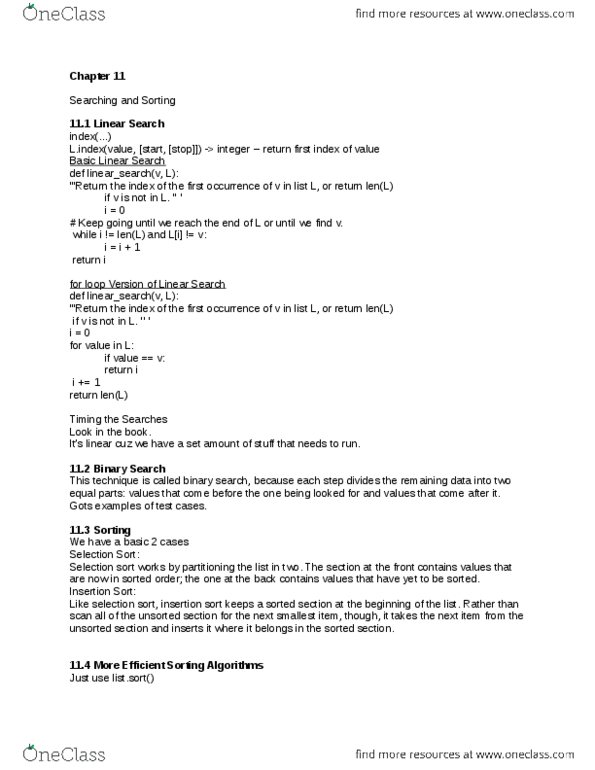 CSCA08H3 Chapter Notes - Chapter 11: Linear Search, Insertion Sort, Binary Search Algorithm thumbnail