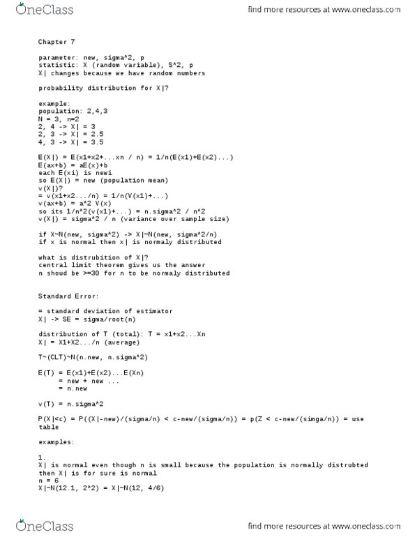 Stat 2507 Lecture Notes Fall 12 Lecture 7 Random Variable Standard Deviation Central Limit Theorem