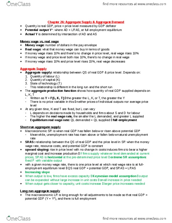 EC140 Chapter Notes - Chapter 26: Real Wages, Aggregate Supply, Aggregate Demand thumbnail