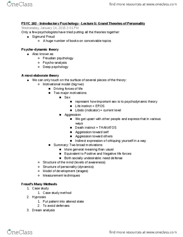 PSYC 102 Lecture Notes - Lecture 5: Psychodynamics, Genital Stage, Phallic Stage thumbnail