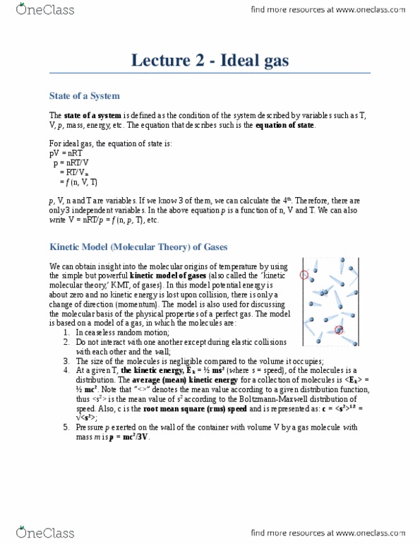 Chemistry 2214A/B Lecture Notes - Lecture 2: Ideal Gas, Horse Length, Root Mean Square thumbnail