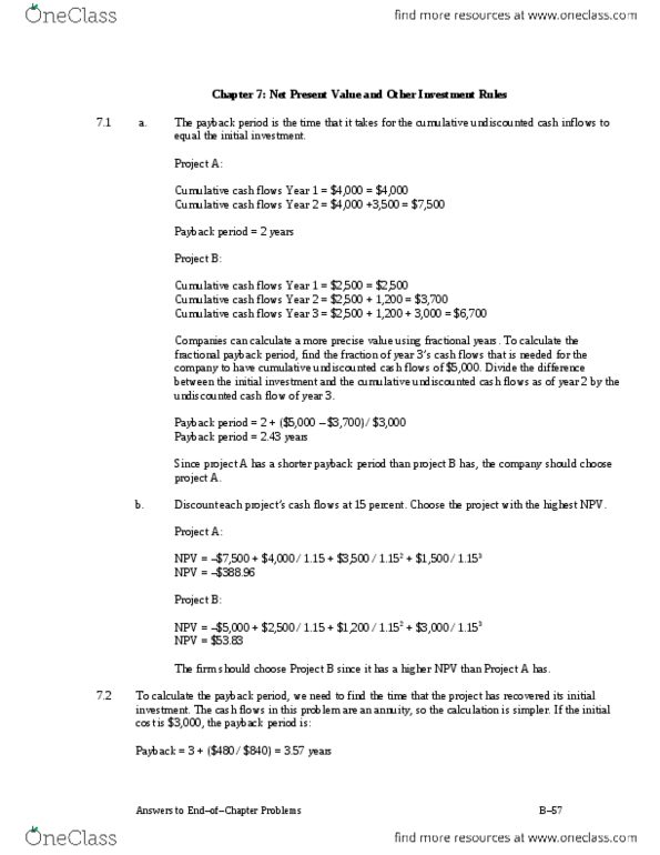 FINA 395 Chapter Notes - Chapter 7: Payback Period, Ons Coding System, Net Present Value thumbnail